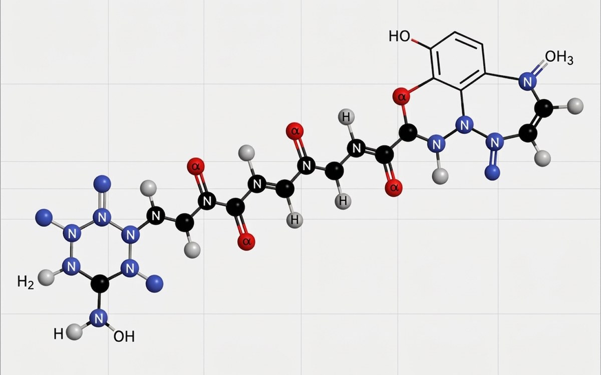 Ball and stick model of the BPC-157 peptide molecule.
