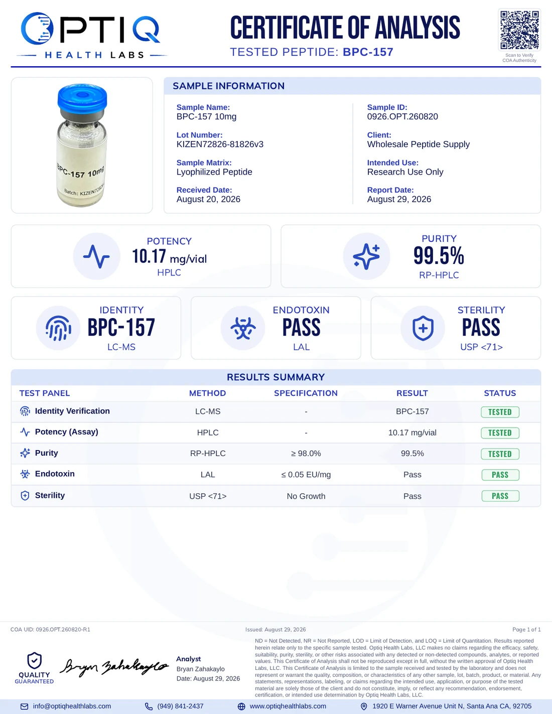 Certificate of analysis from Optiq Health Labs for BPC-157, lot KIZEN72826-81826v3, showing 99.5% purity by RP-HPLC with endotoxin and sterility passes.
