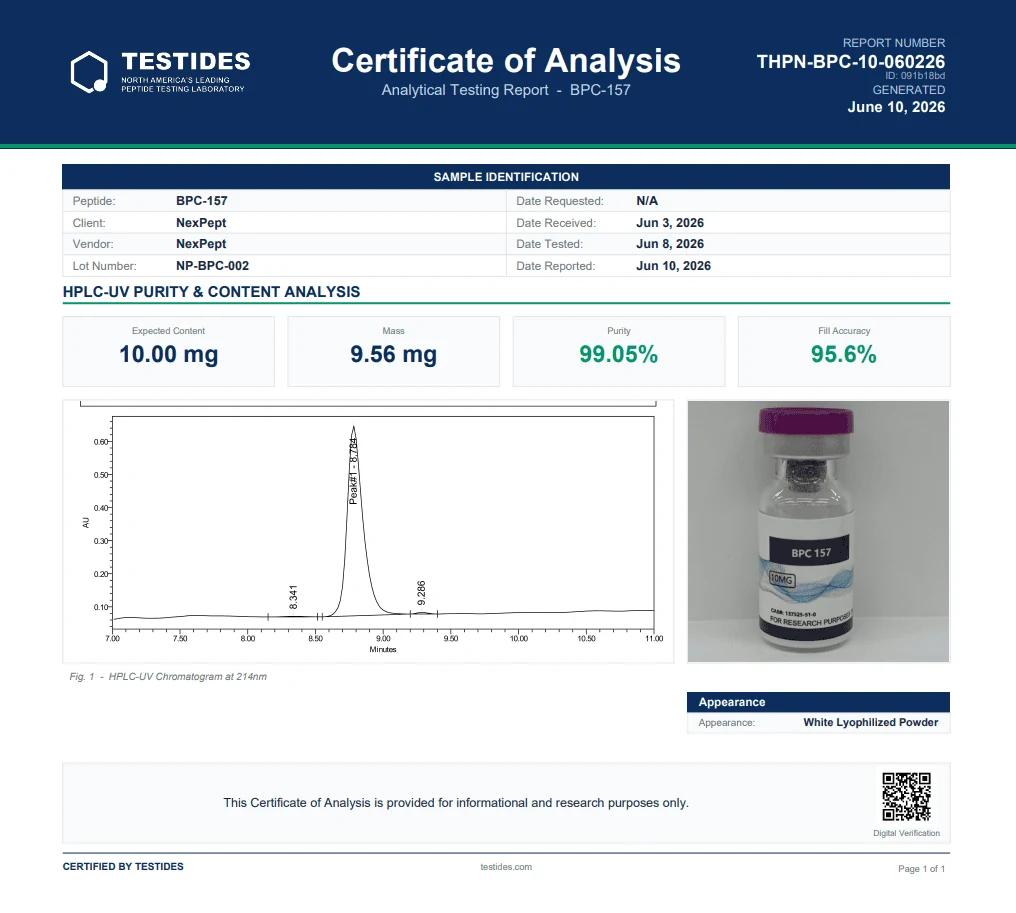 Certificate of analysis for a BPC-157 batch, showing HPLC purity and content results.