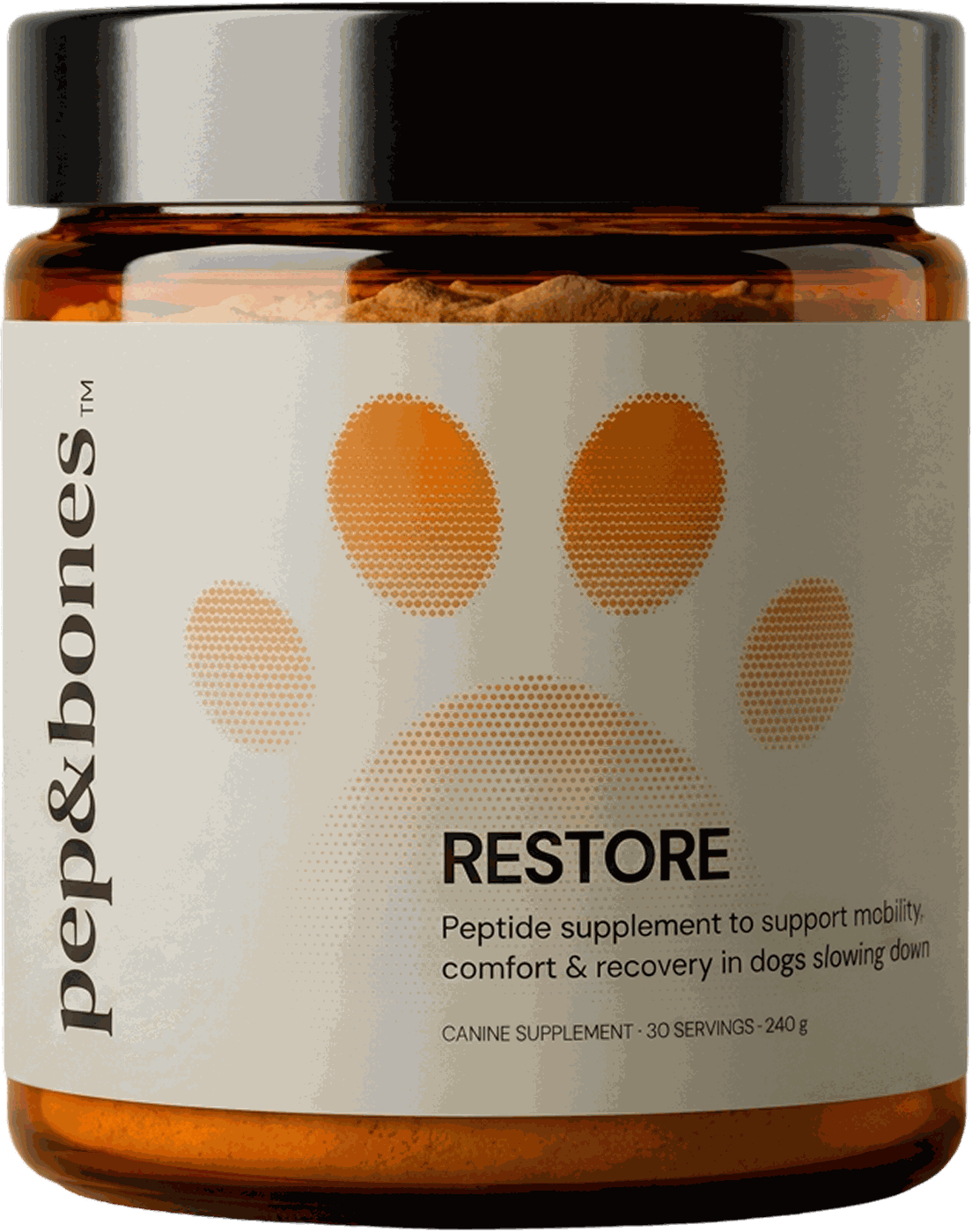A jar of RESTORE with the pep&bones label.